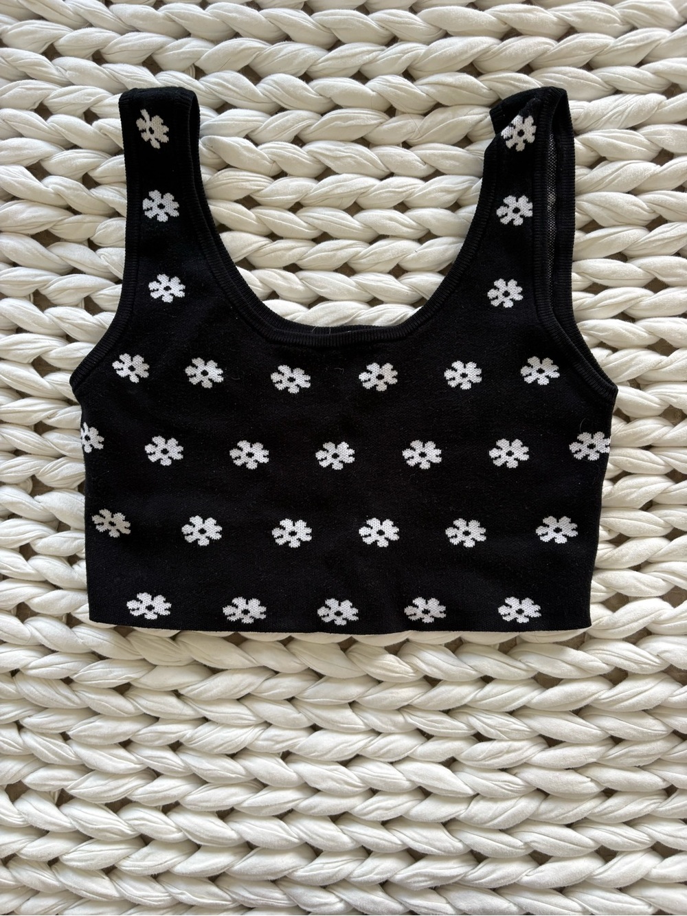 Garage Black Cropped Tank Top with White Floral Dots